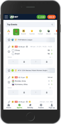 لقطة شاشة لصفحة الرياضة على الهاتف المحمول 20bet
