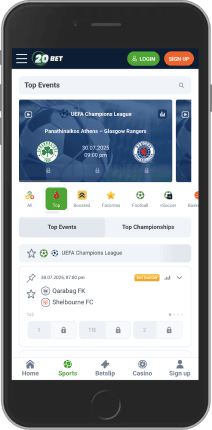 لقطة شاشة لصفحة الرياضة على الهاتف المحمول 20bet