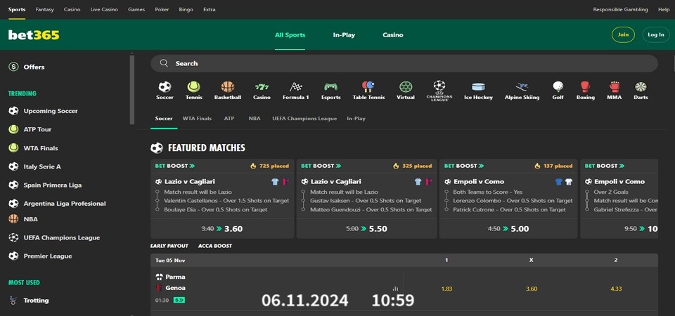 لقطة شاشة للصفحة الرياضية لموقع المراهنات bet365